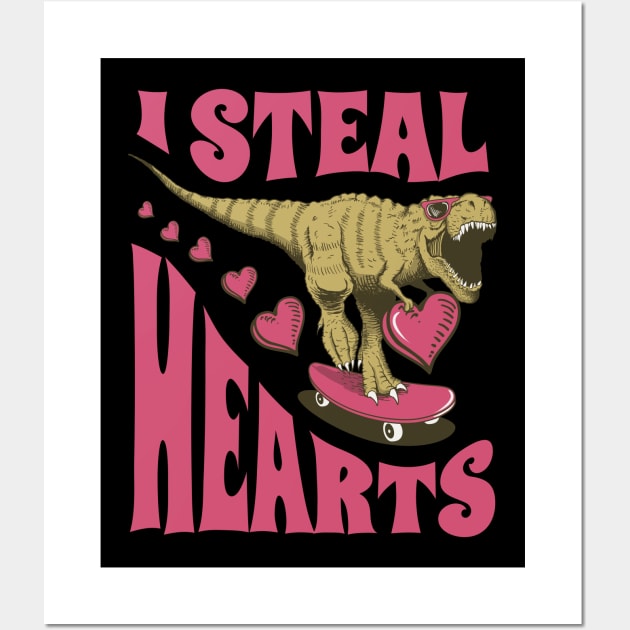 I Steal Hearts Valentines Day Dinosaur T-Rex Wall Art by aneisha